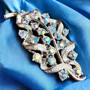 Vtg 60's Coro Blue AB Rhinestones Floral Silver Brooch Aurora Borealis Pin READ